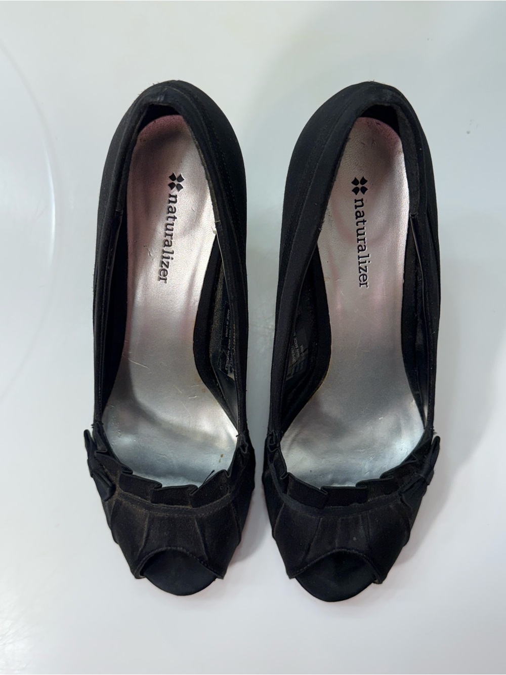 Naturalizer Black Satin Peep-Toe Heels with Ruffle Detail